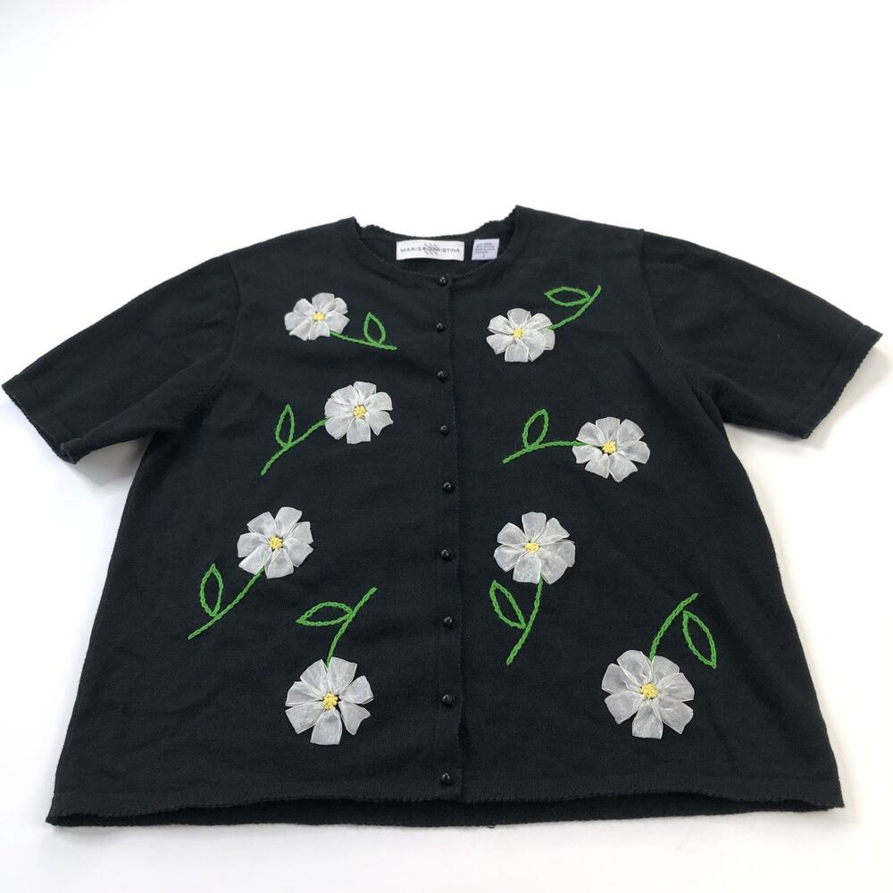 Marisa Christina Large Embroidered Floral Daisy Button Sweater Black